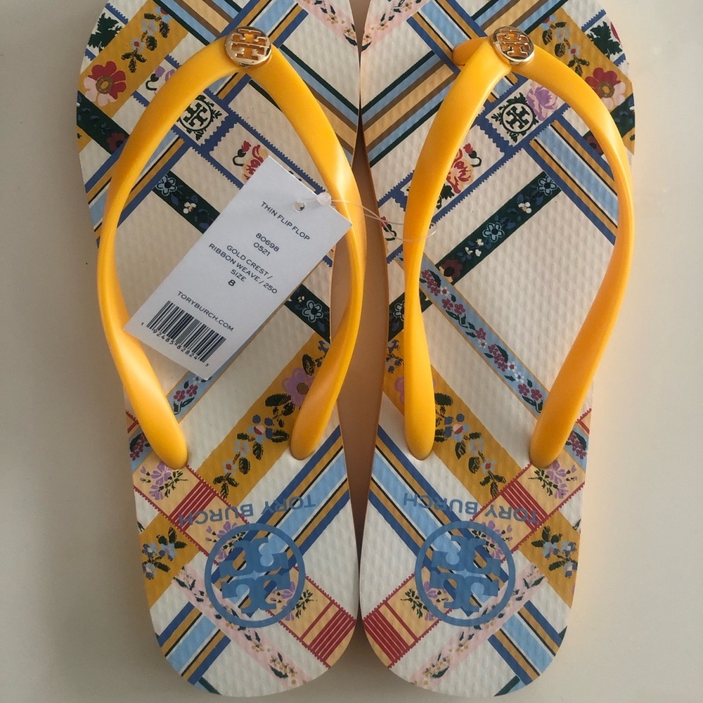NWT Tory Burch Gold Crest Flip Flops Sandals - Size 8